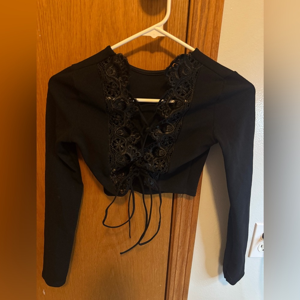 Pretty Little Thing  size 2 black, long sleeve lace, detail tie laces up front